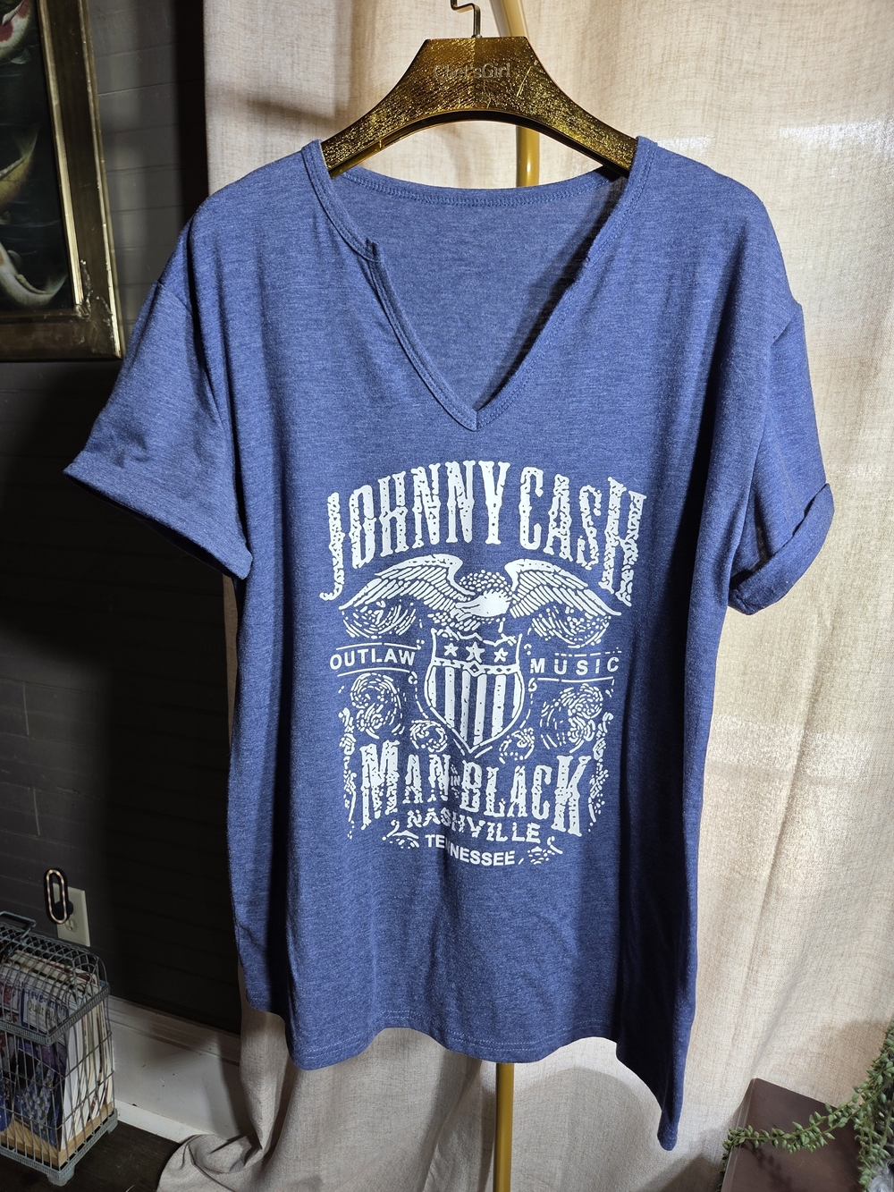 Johnny Cash Navy Graphic V‑Neck Tee